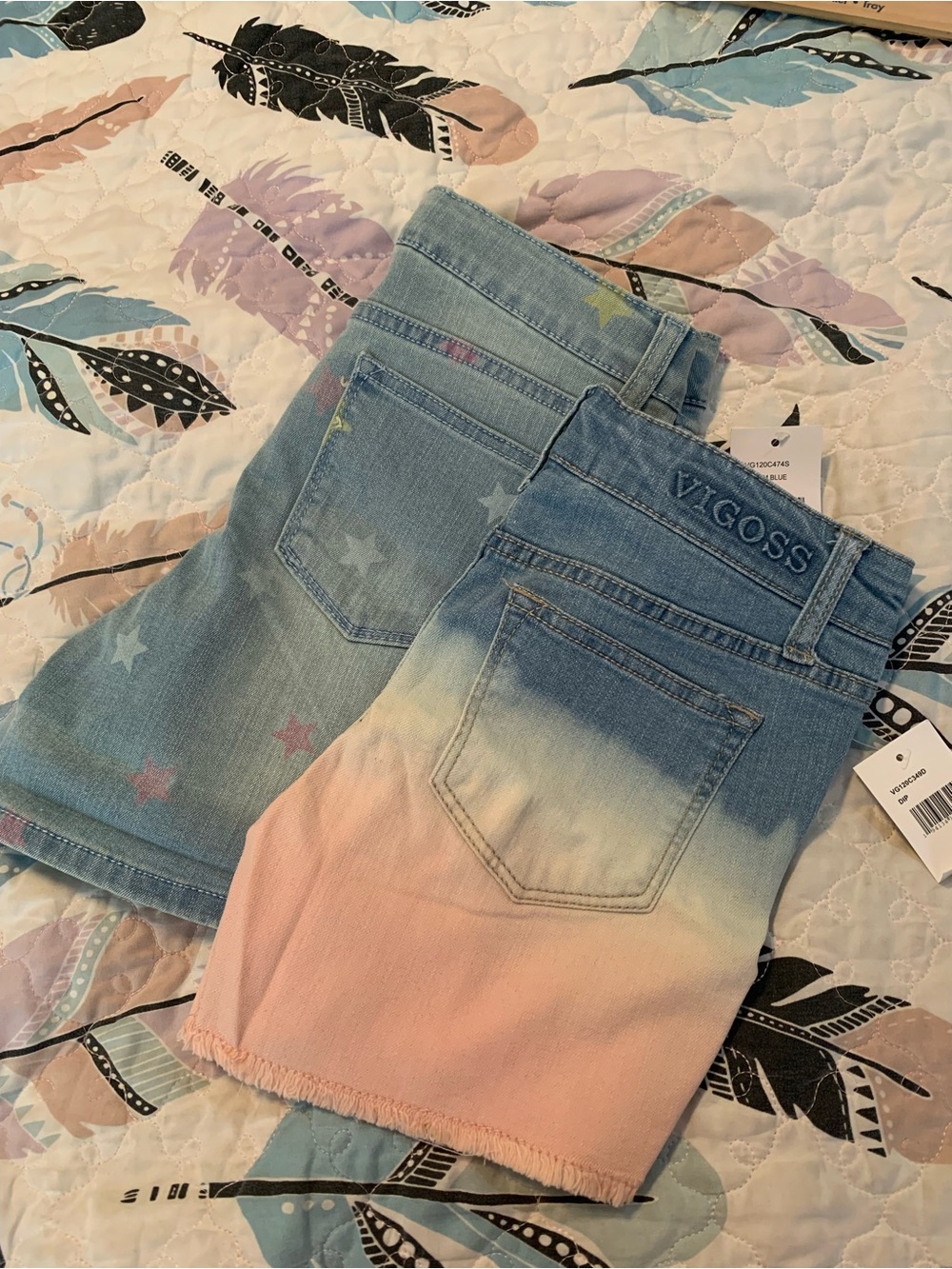 Vigoss Girls' Blue to Pink Ombre & Light Wash Star Denim Shorts set of 2 pairs